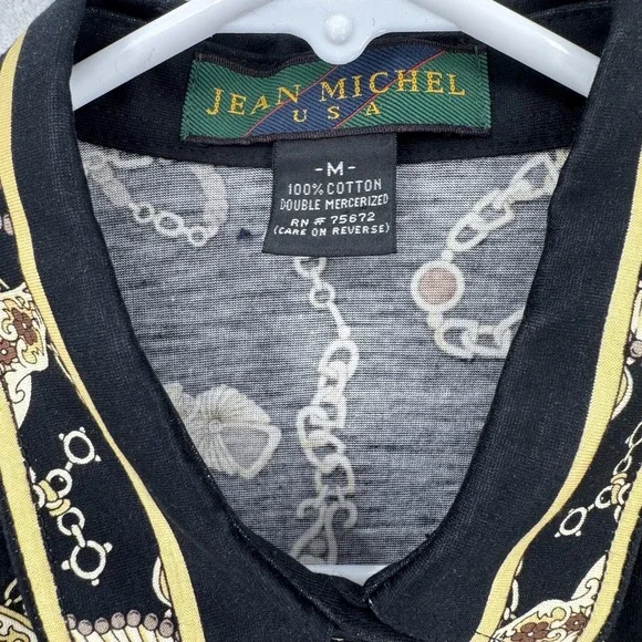 Jean Michel Polo Shirt Womens Medium Black Gold Chain Print Vintage 90s Designer - Picture 3 of 7